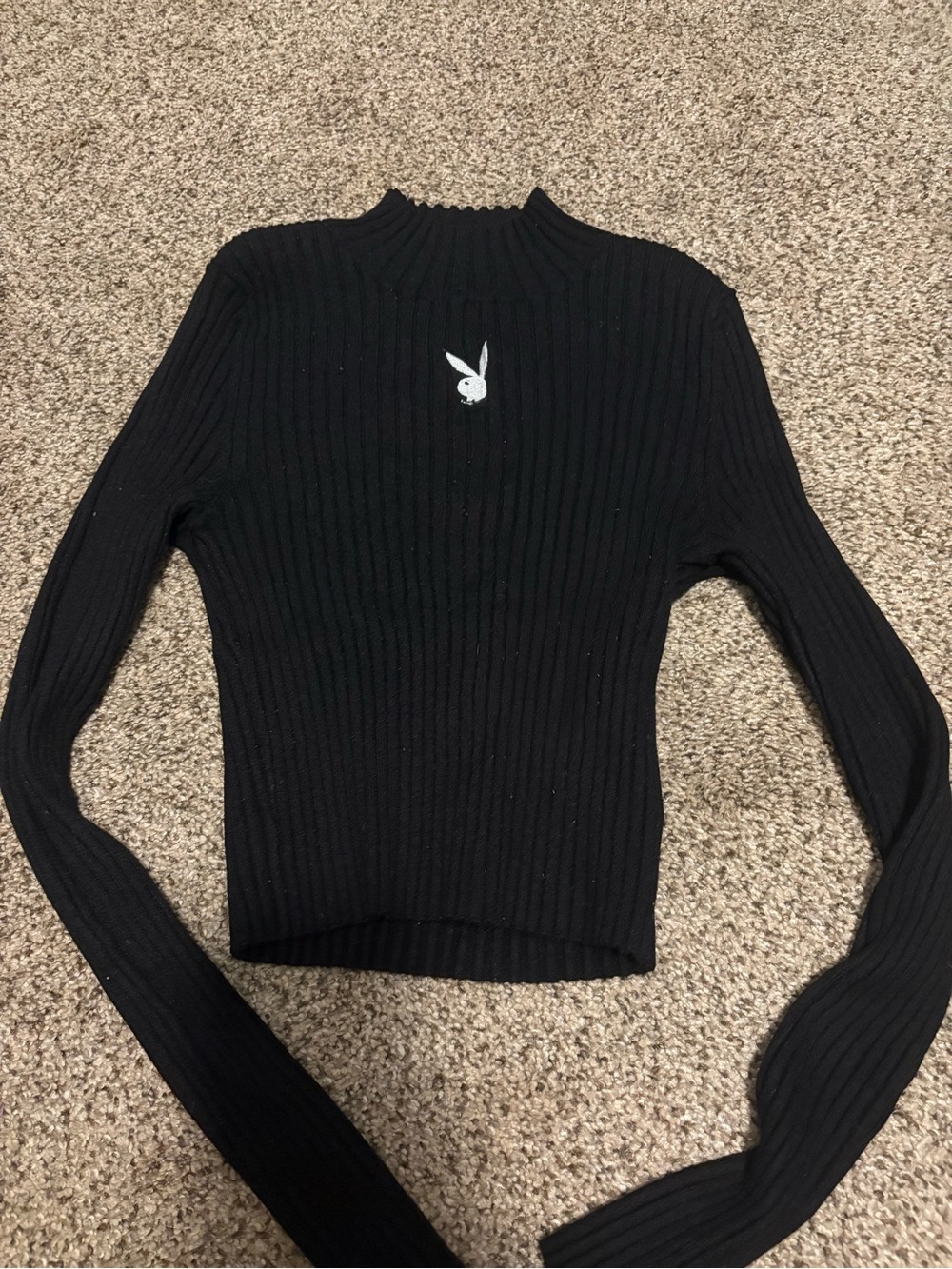 PLAYBOY Black Ribbed Mock Neck Cropped Sweater with White Bunny Patch